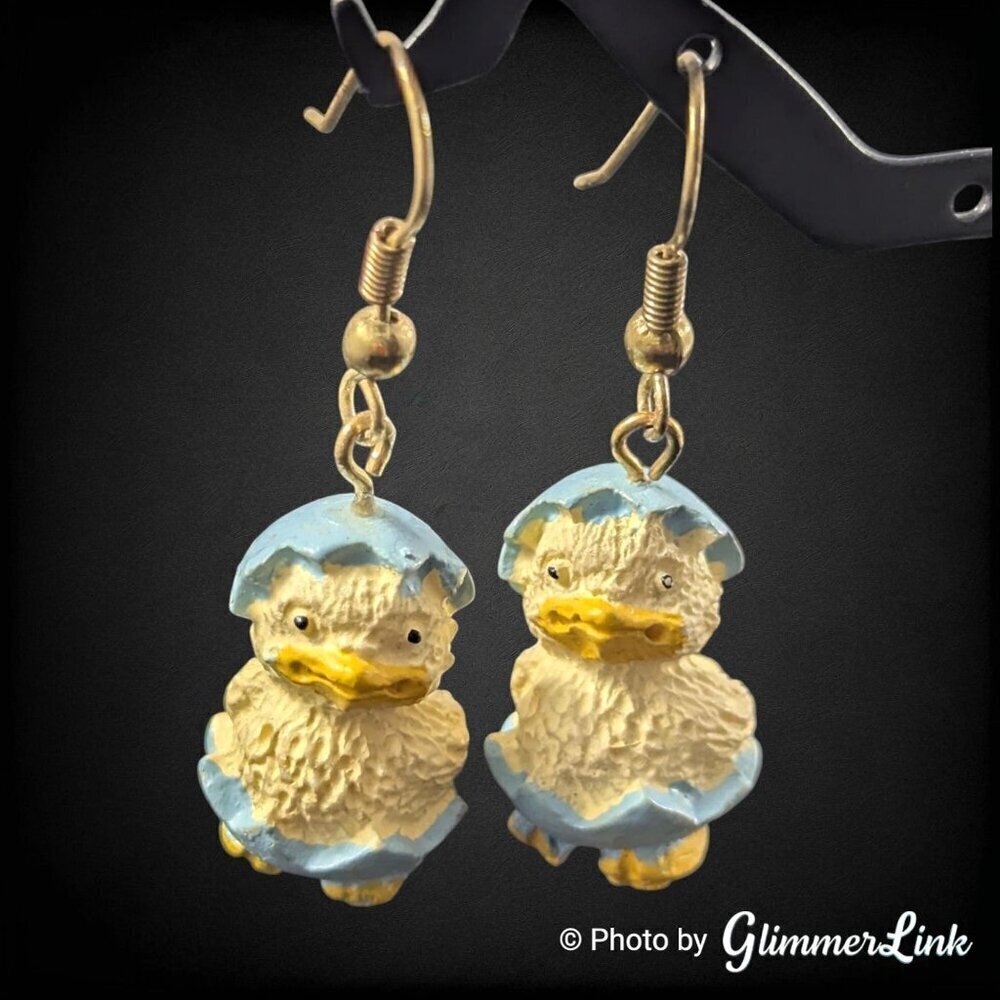 Vintage Blue Egg Yellow Ducklings Pastel Easter Dangle Earrings